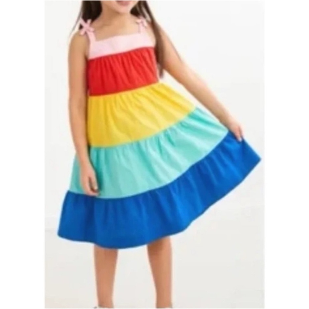 Hanna Andersson Dress Girls 5/110 cm Rainbow Stripe Sundress Tank Long Lined Bow